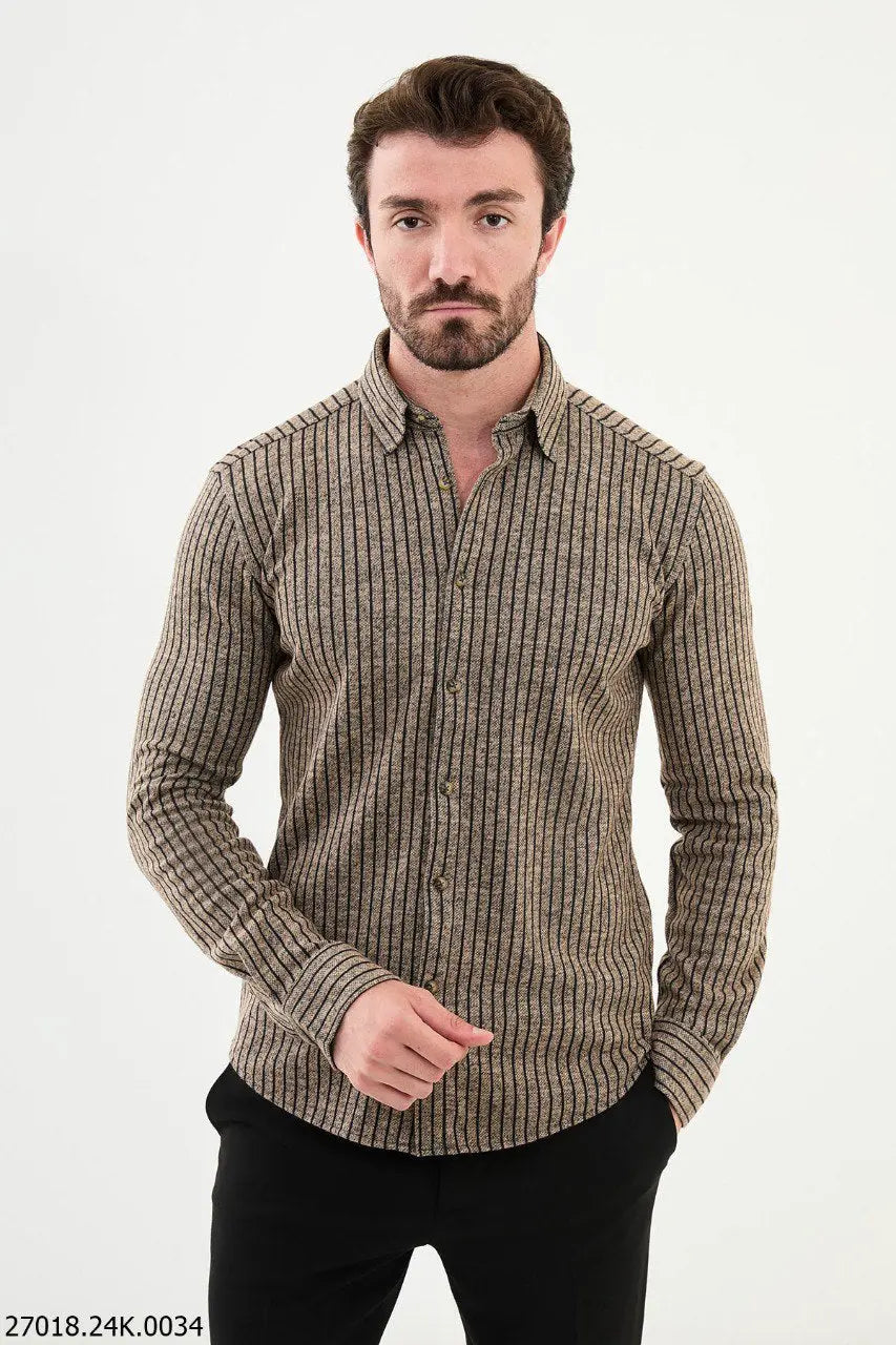 Brabion James Beige Slim Fit Chalk Stripe Wool Shirt - Versatile Elegance for Every Occasion - BRABION