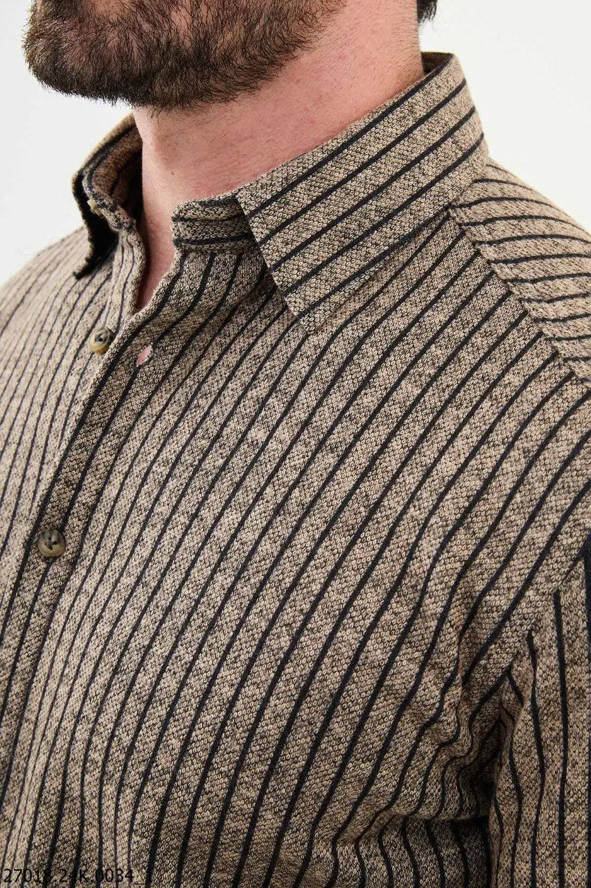 Brabion James Beige Slim Fit Chalk Stripe Wool Shirt - Versatile Elegance for Every Occasion - BRABION