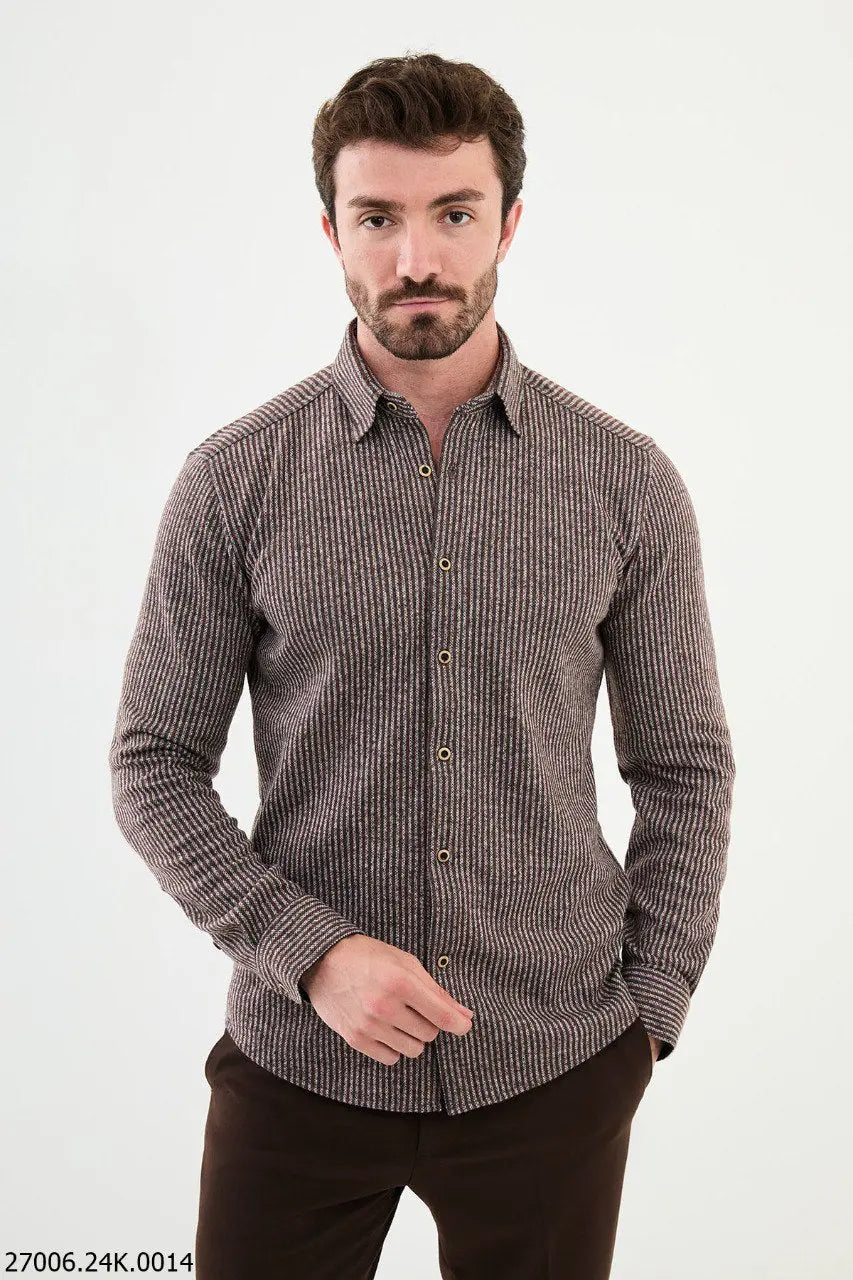 Brabion Nico Brown Slim Fit Striped Wool Shirt - BRABION