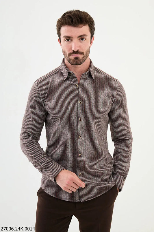 Brabion Nico Brown Slim Fit Striped Wool Shirt - BRABION