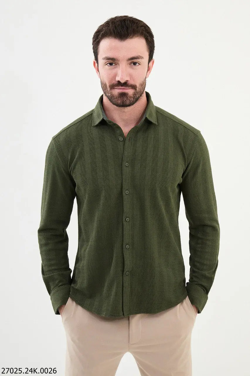 Brabion James Khaki Slim Fit Striped Cotton Shirt – Perfect for Every Occasion - BRABION