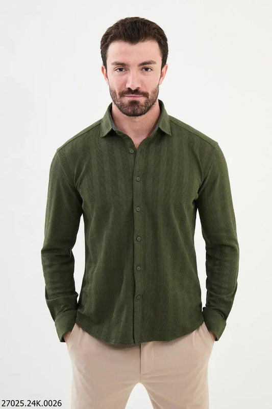 Brabion James Khaki Slim Fit Striped Cotton Shirt – Perfect for Every Occasion - BRABION