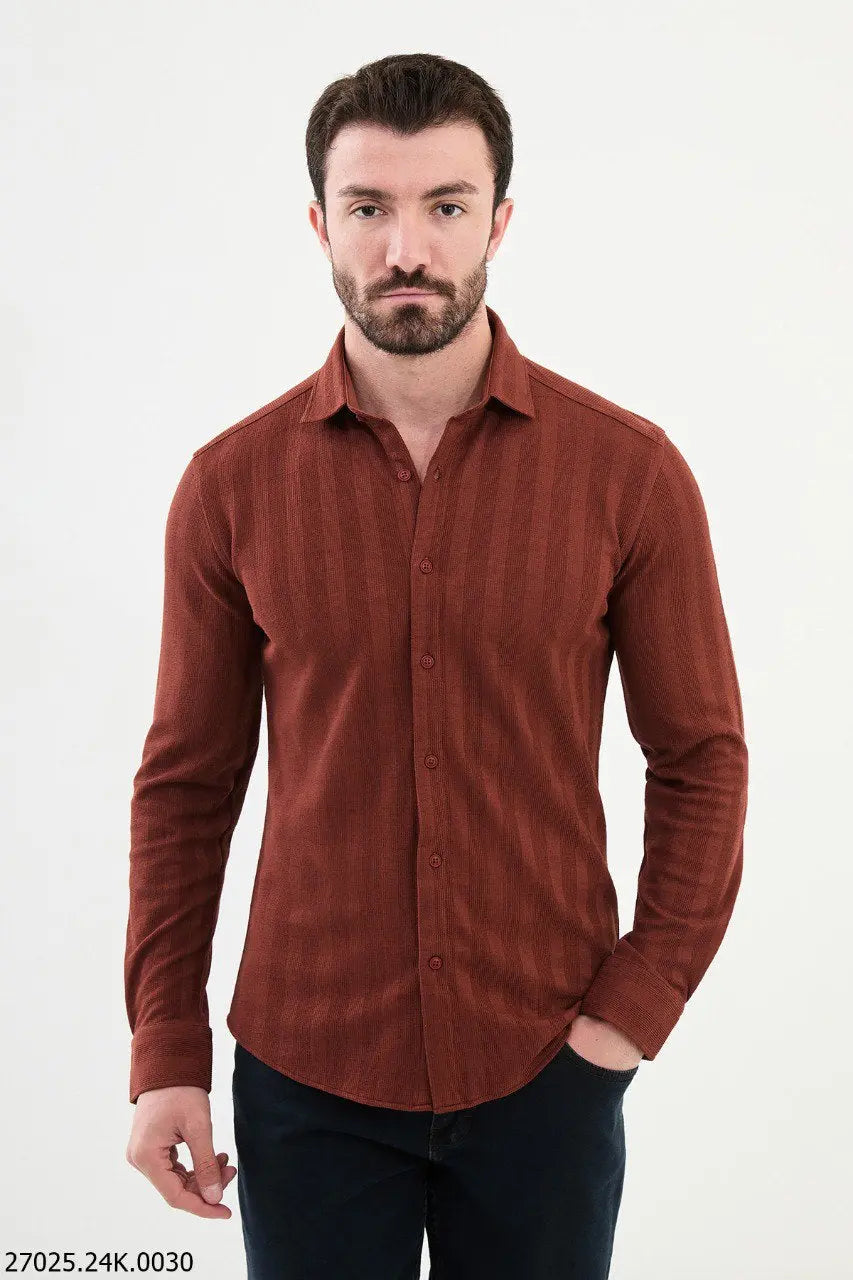 Brabion James Rust Slim Fit Striped Cotton Shirt - BRABION