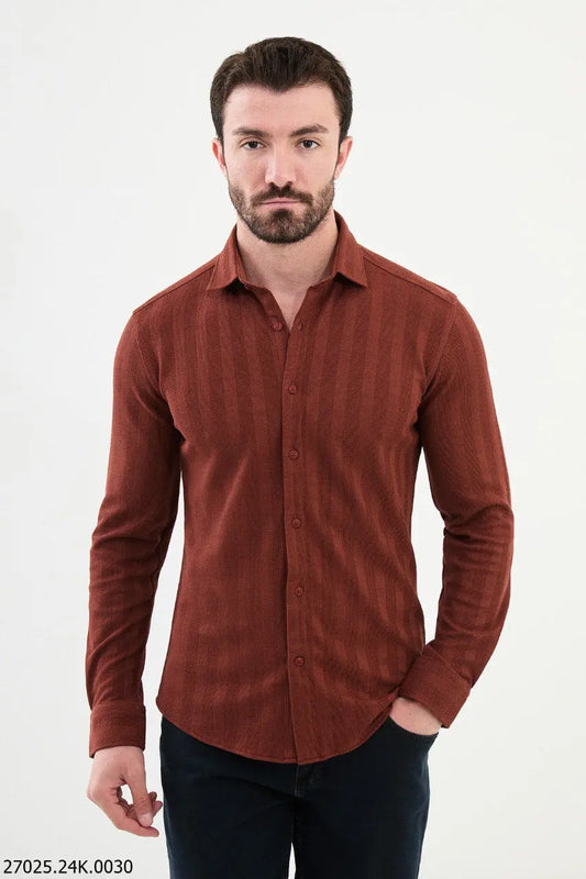 Brabion James Rust Slim Fit Striped Cotton Shirt - BRABION