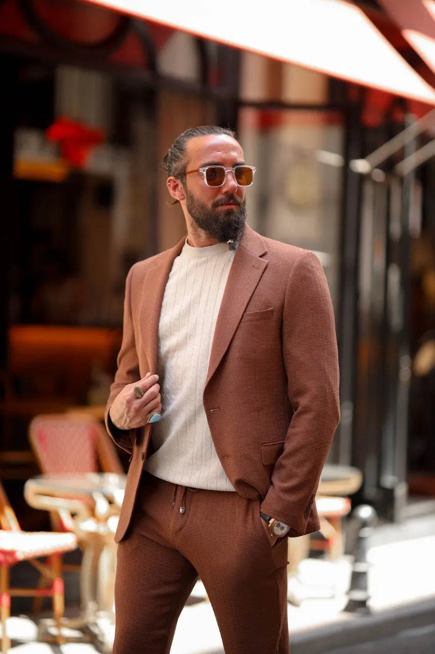 Marrakech Tile Brown Seersucker Sport-Cut Suit - BRABION
