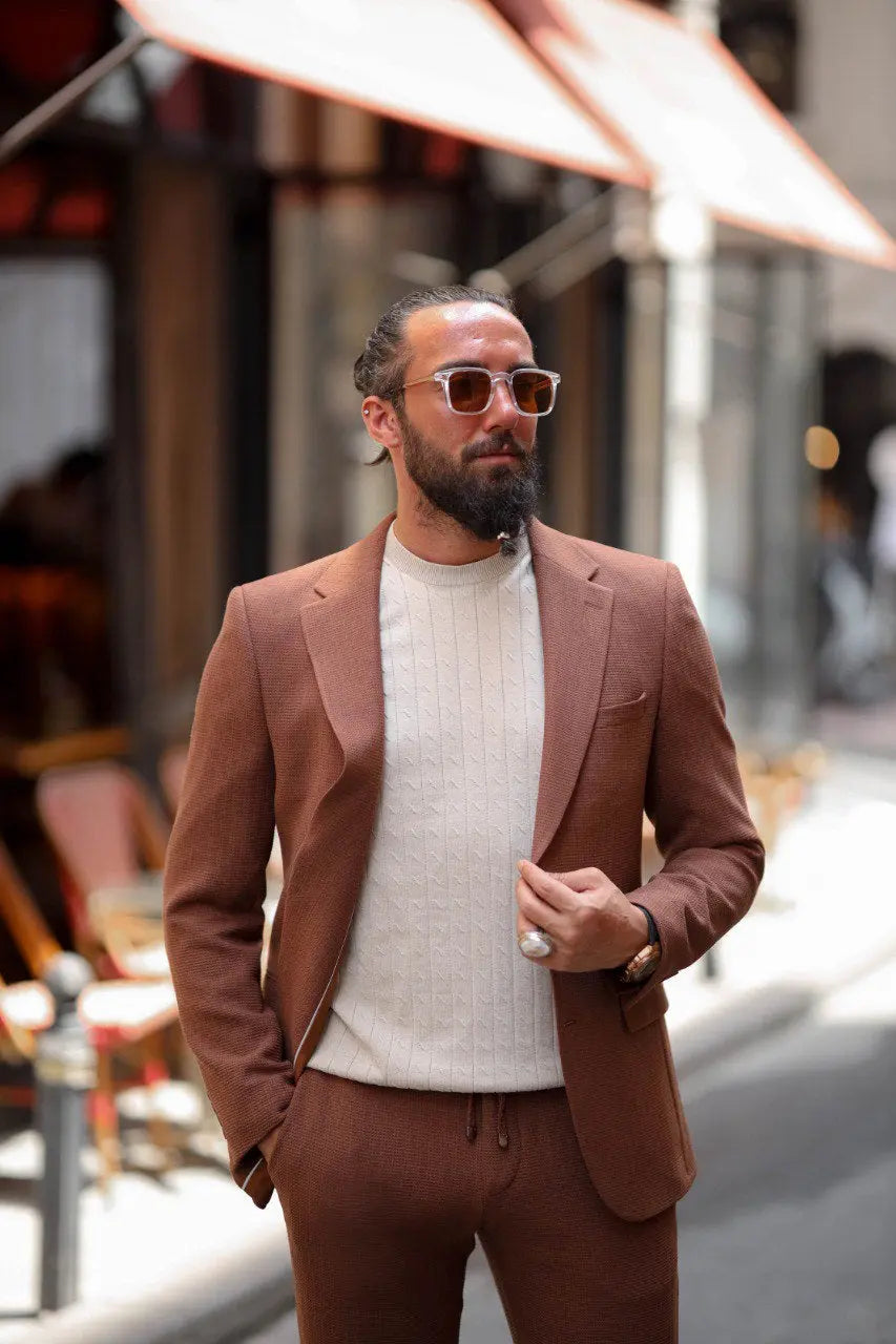 Marrakech Tile Brown Seersucker Sport-Cut Suit - BRABION