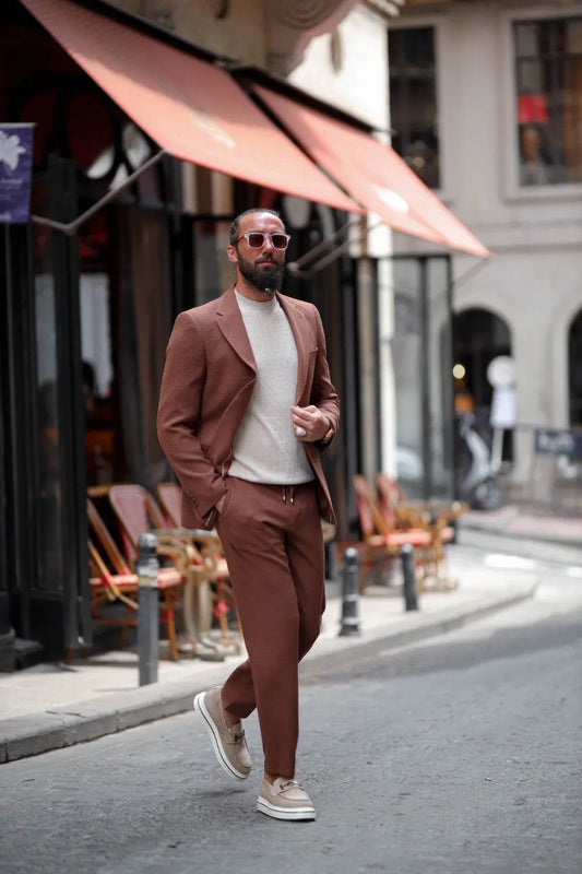 Marrakech Tile Brown Seersucker Sport-Cut Suit - BRABION