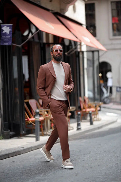 Marrakech Tile Brown Seersucker Sport-Cut Suit - BRABION