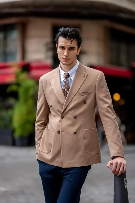 Brabion Men's Beige Double-Breasted Blazer - BRABION