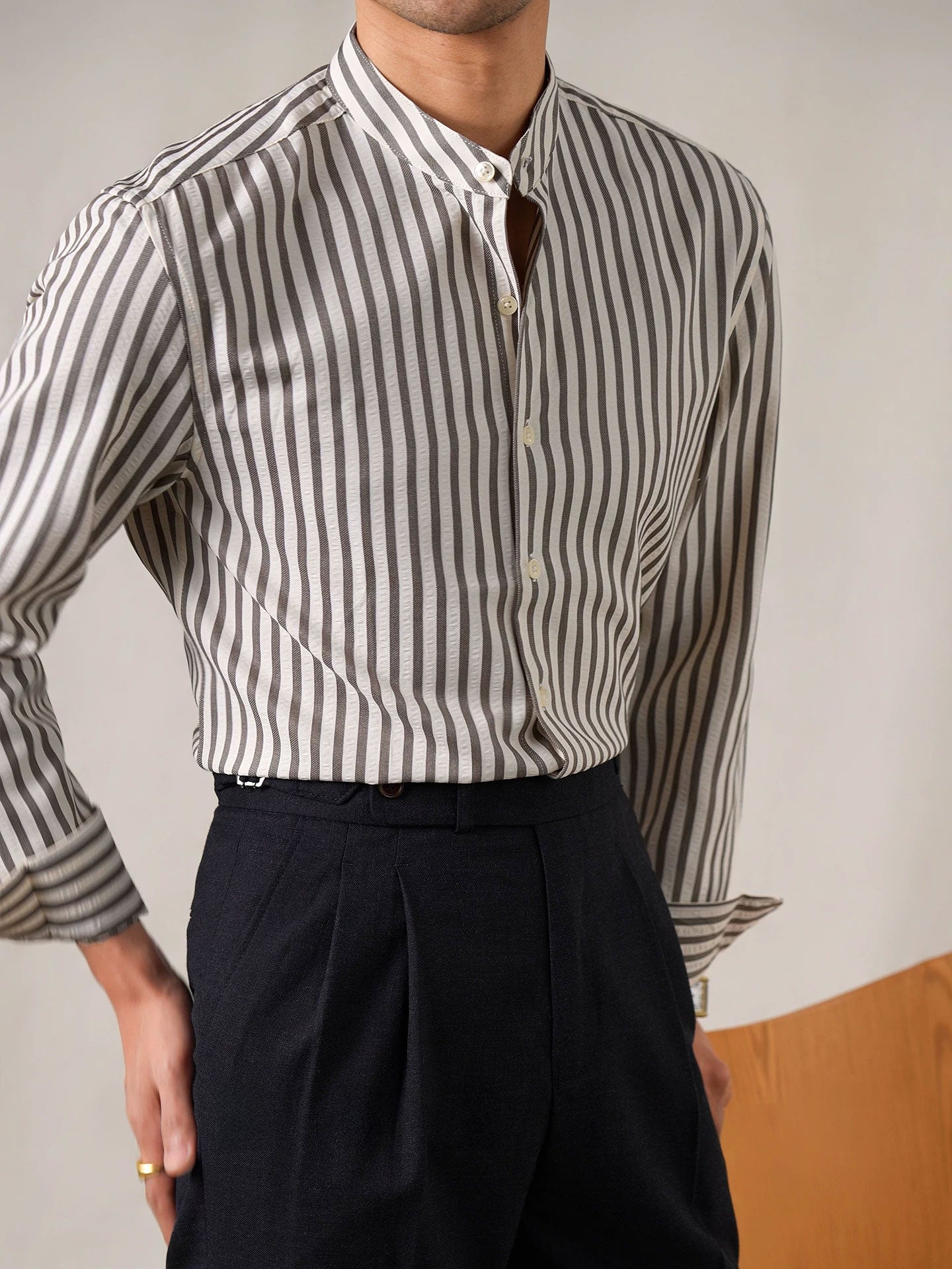 Men’s Seersucker Cotton-Blend Stand Collar Shirt - BRABION