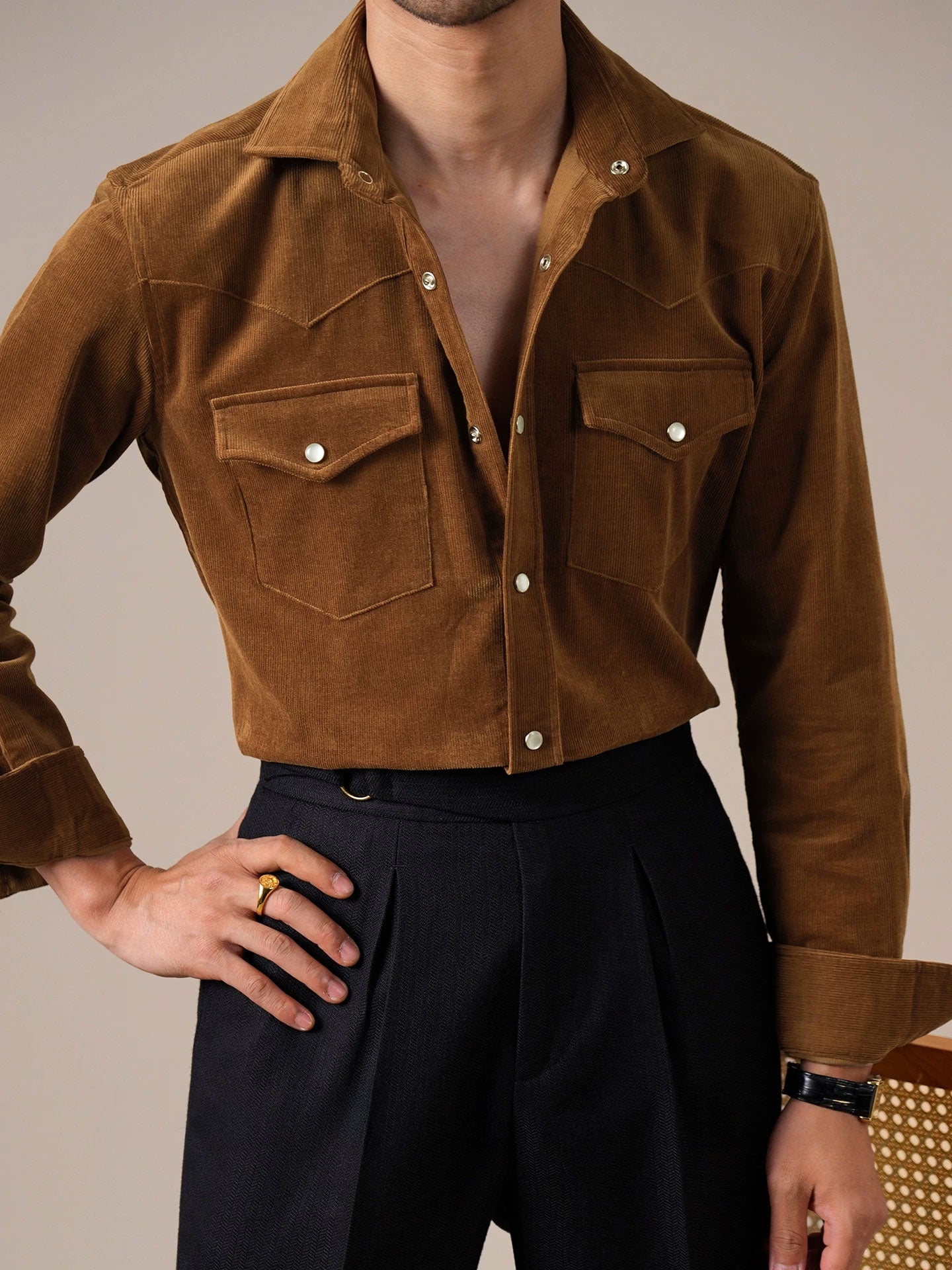 Men’s Corduroy Cotton Dress Shirt — Italian Spread Collar - BRABION