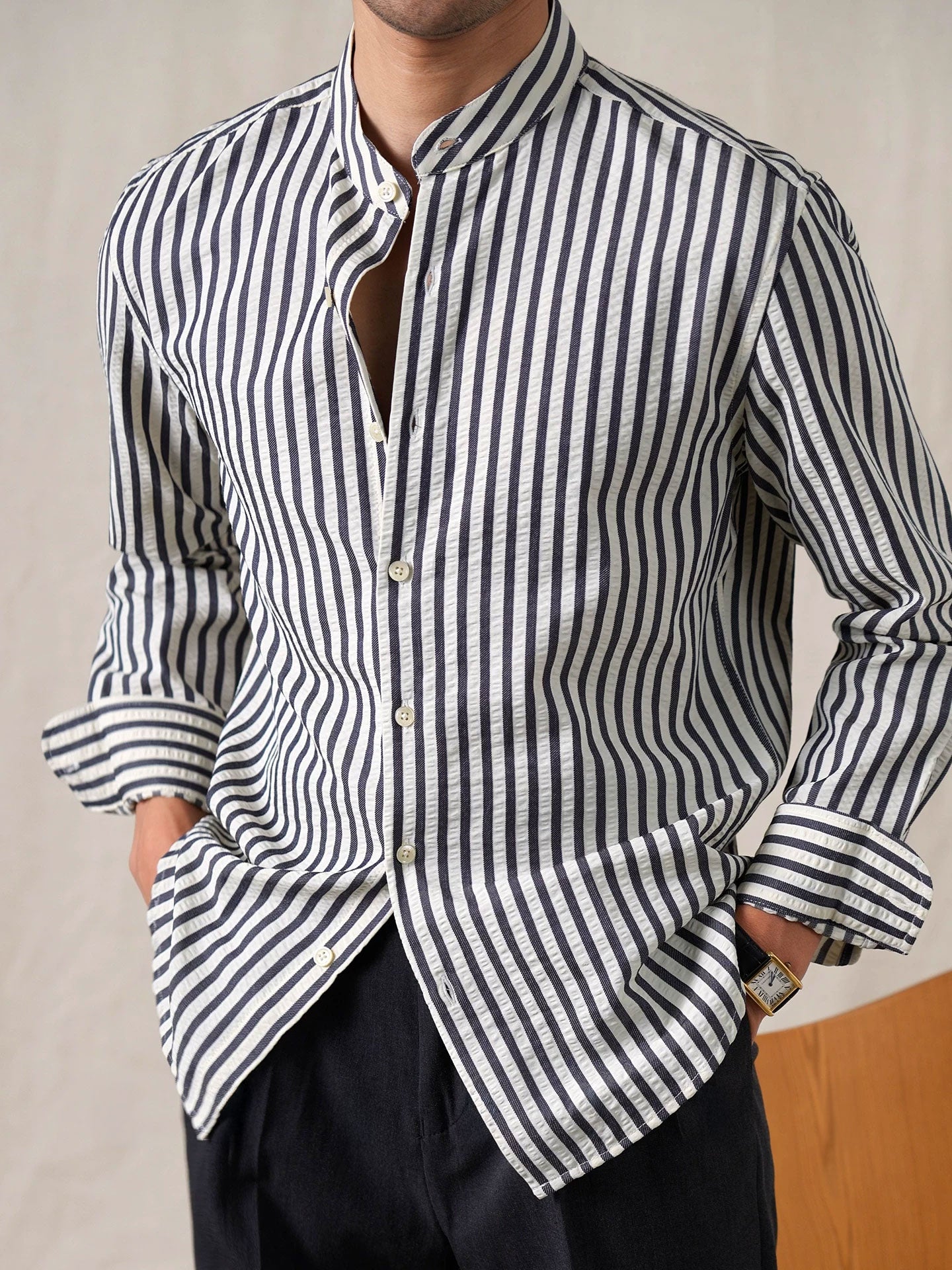 Men’s Seersucker Cotton-Blend Stand Collar Shirt - BRABION