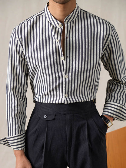 Men’s Seersucker Cotton-Blend Stand Collar Shirt - BRABION