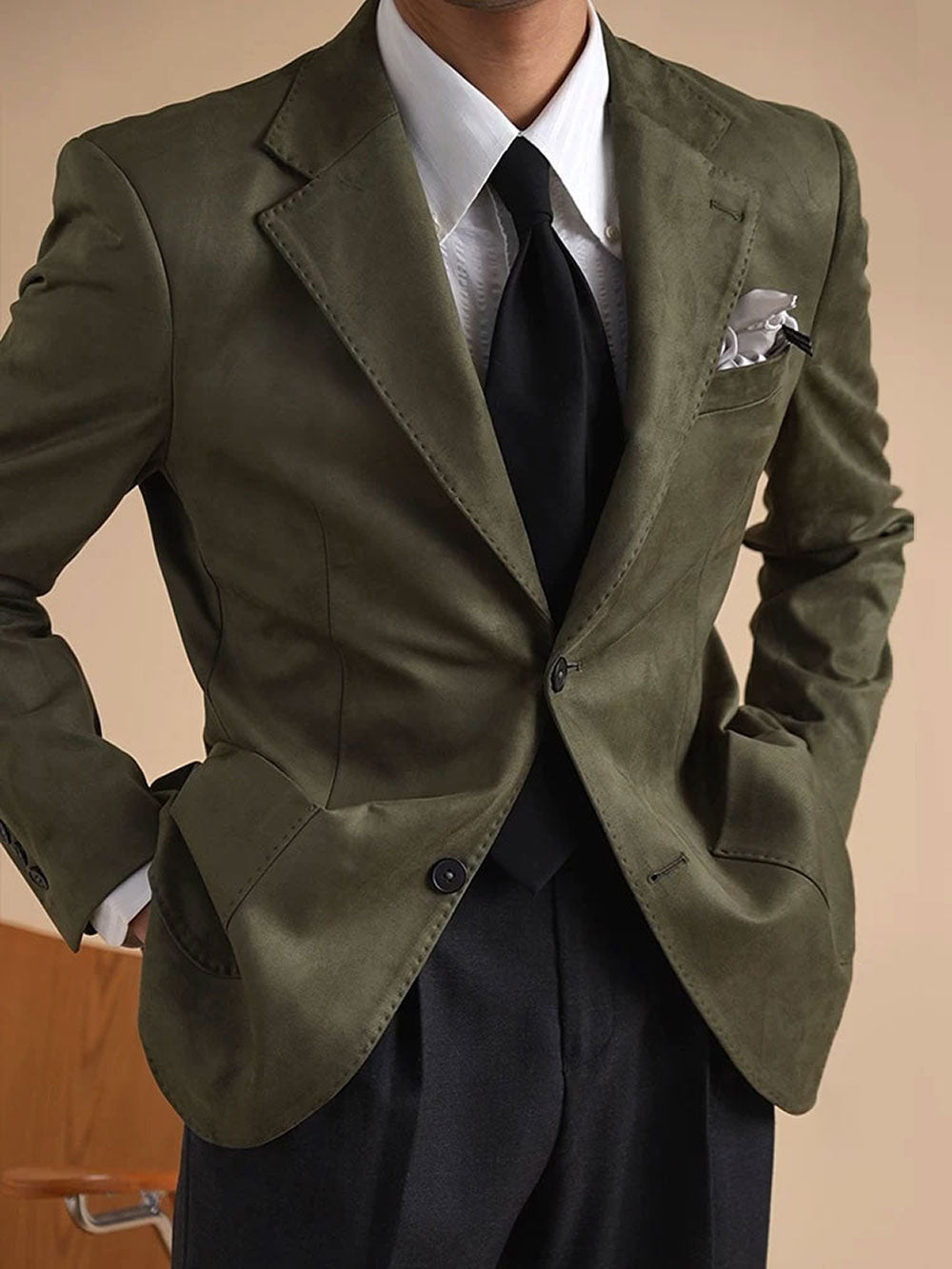 Men's Slim Fit Faux Suede Collar Blazer - BRABION