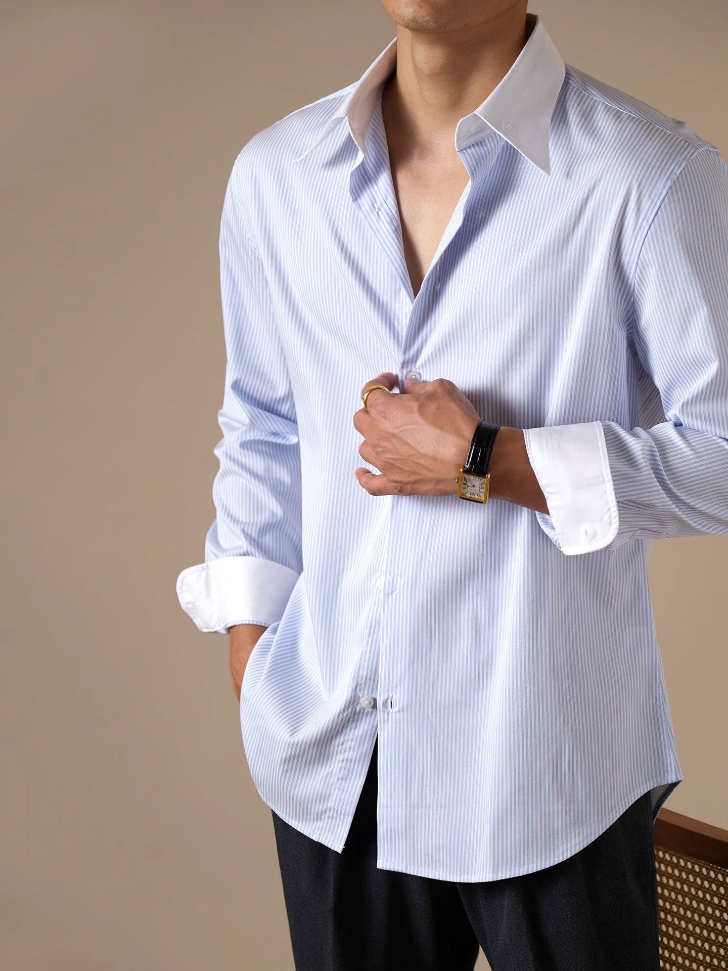 Men’s Wrinkle-Free Modal Patchwork Striped Dress Shirt - BRABION