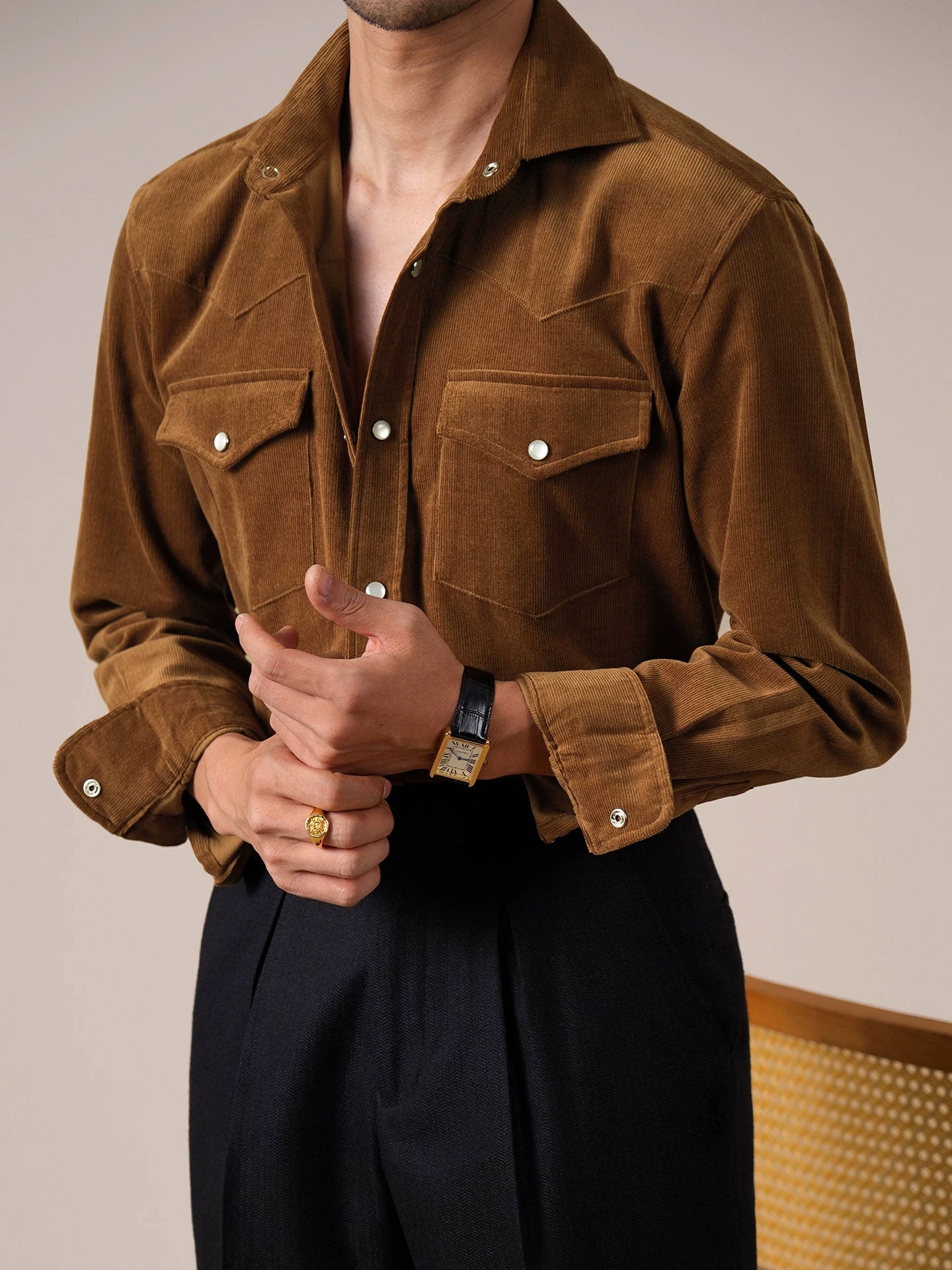Men’s Corduroy Cotton Dress Shirt — Italian Spread Collar - BRABION