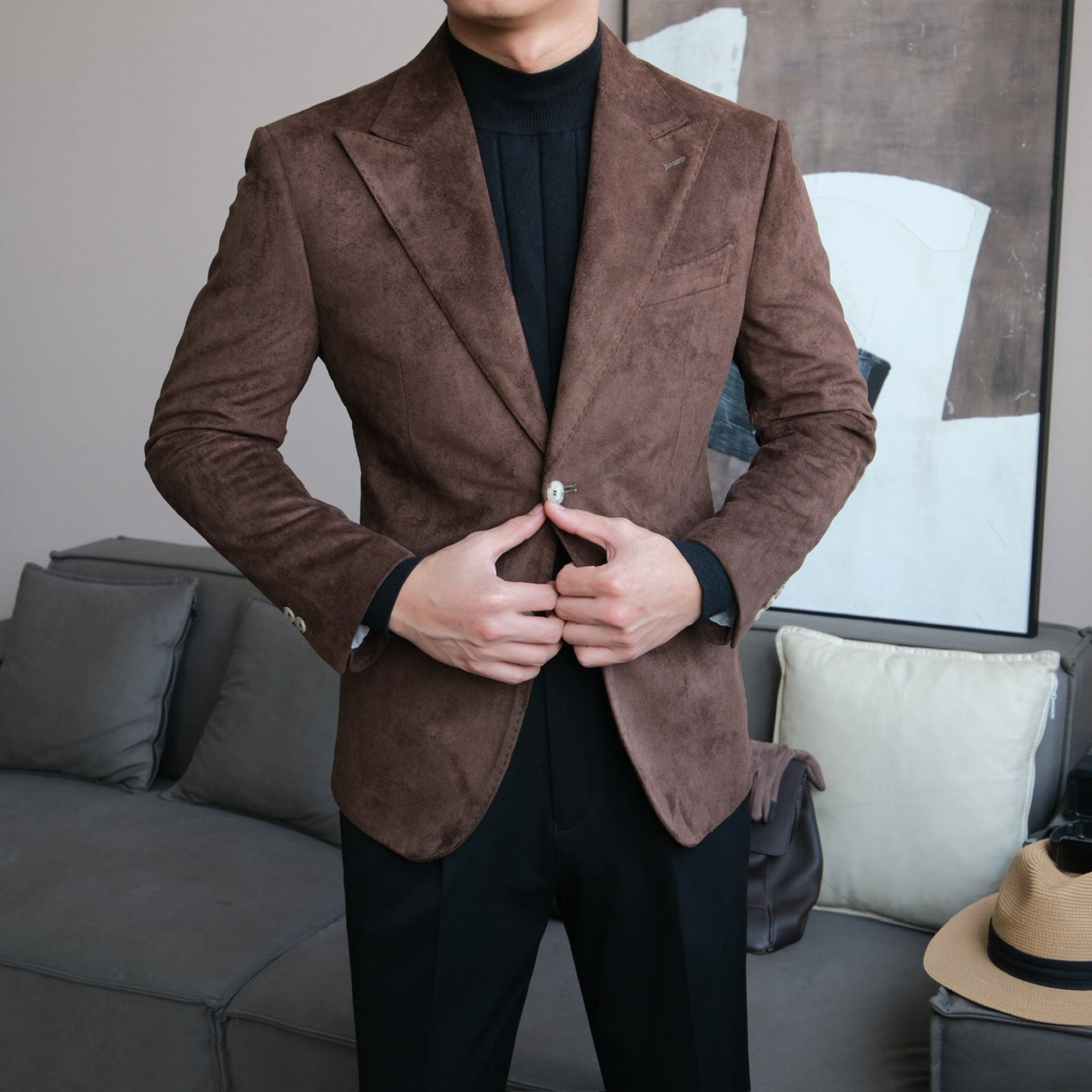 Men’s Slim Fit Suede Blazer with Peak Lapel - BRABION