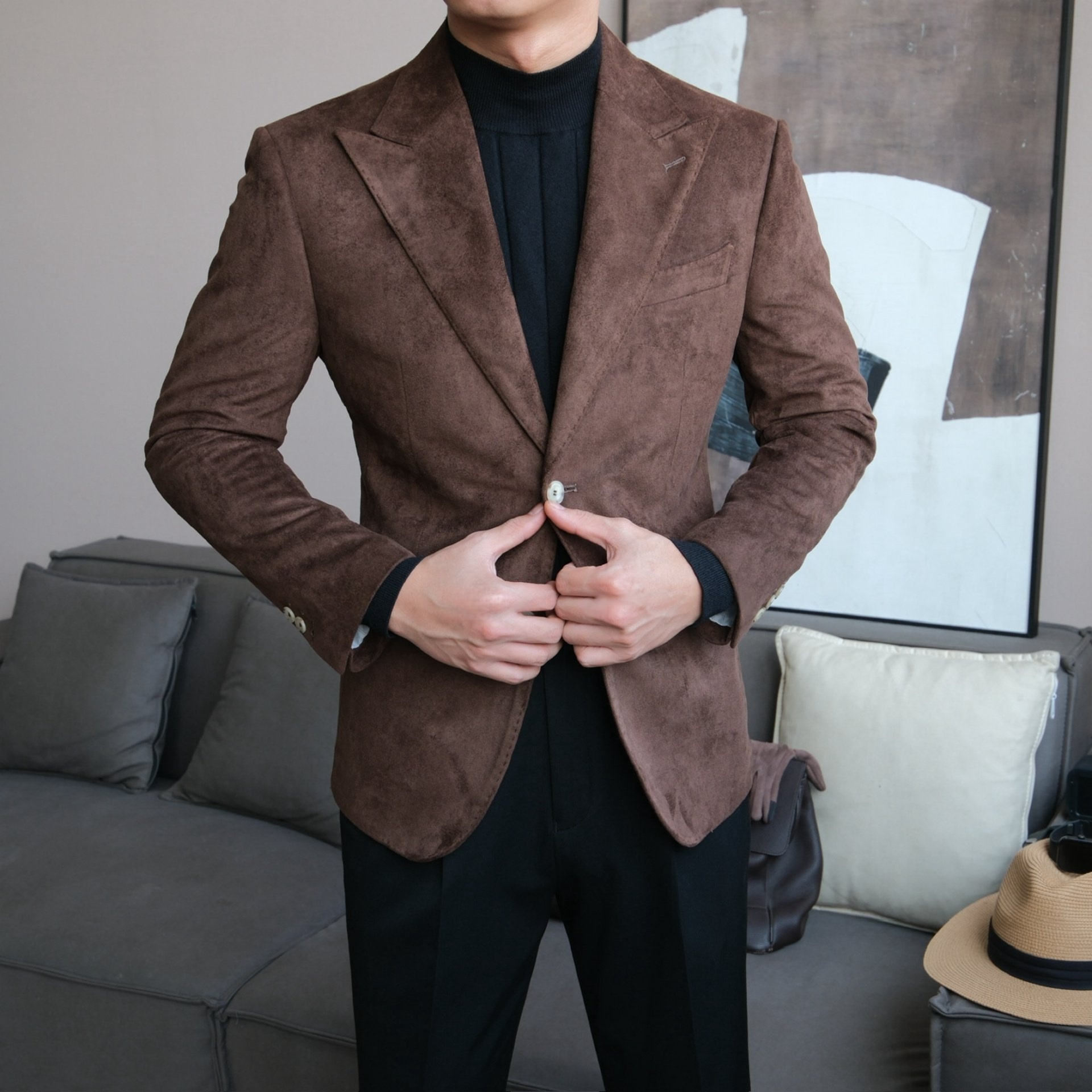 Men’s Slim Fit Suede Blazer with Peak Lapel - BRABION