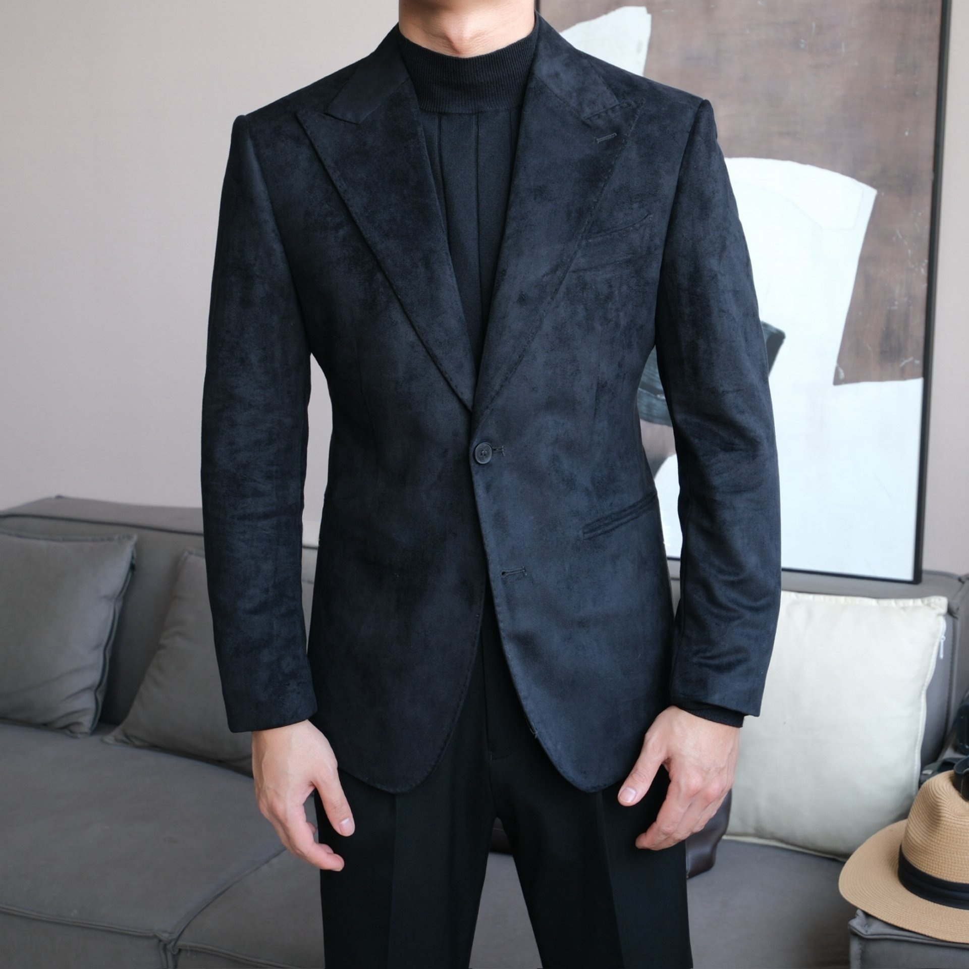 Men’s Slim Fit Suede Blazer with Peak Lapel - BRABION