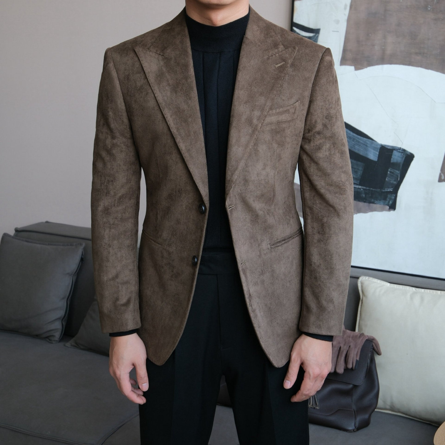 Men’s Slim Fit Suede Blazer with Peak Lapel - BRABION