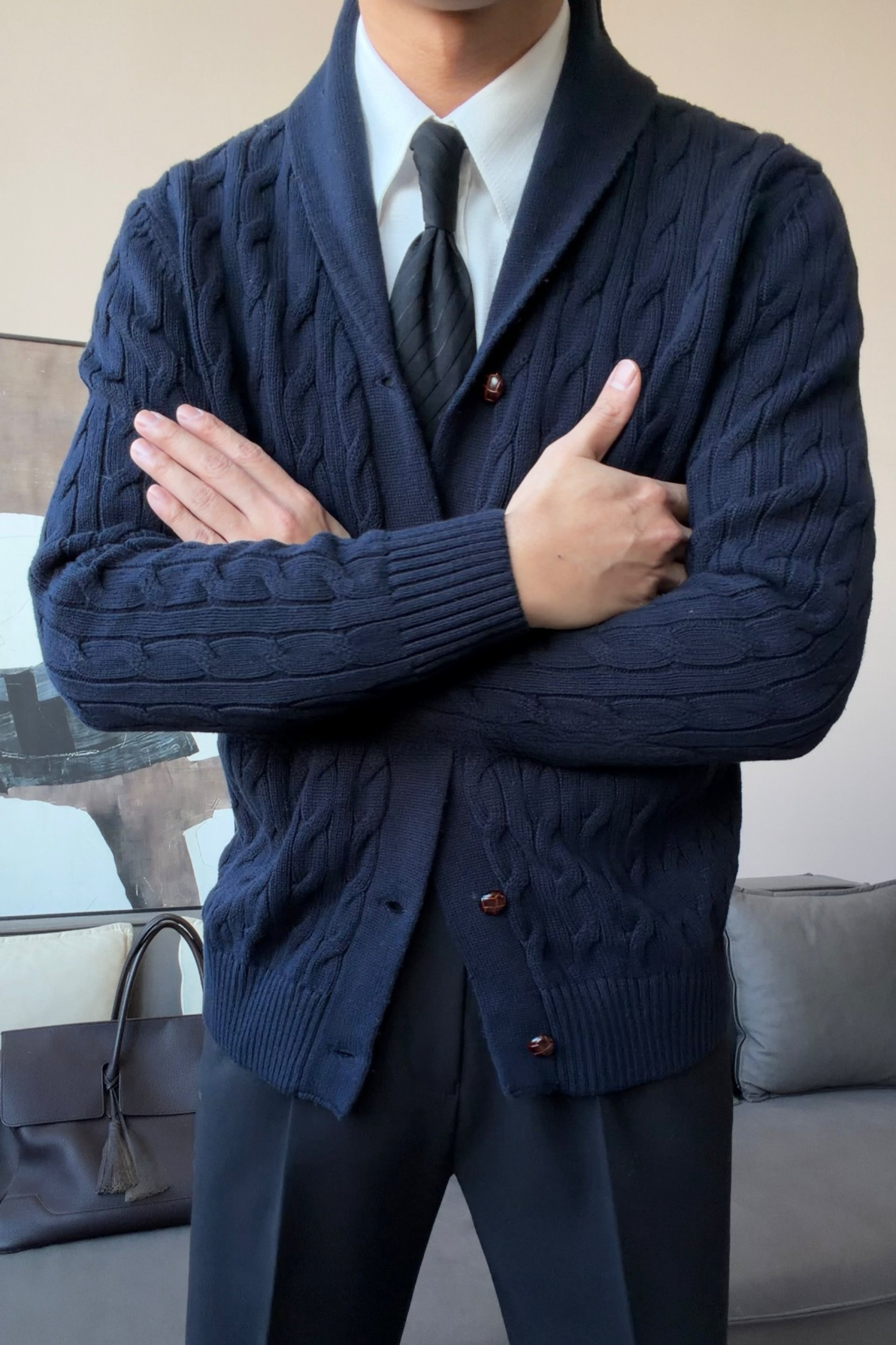 Men’s Cotton Shawl Collar Cable Knit Cardigan - BRABION