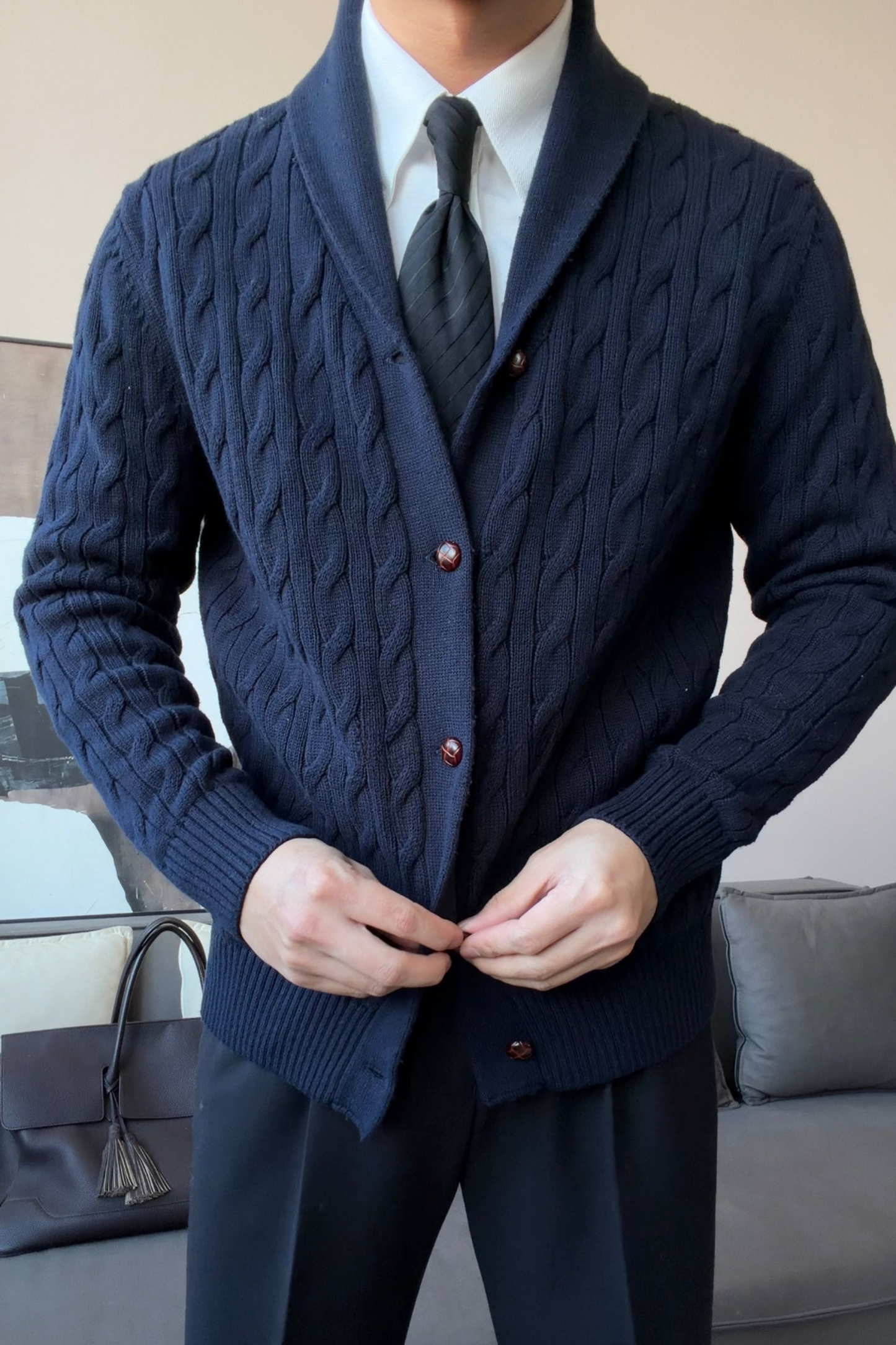 Men’s Cotton Shawl Collar Cable Knit Cardigan - BRABION