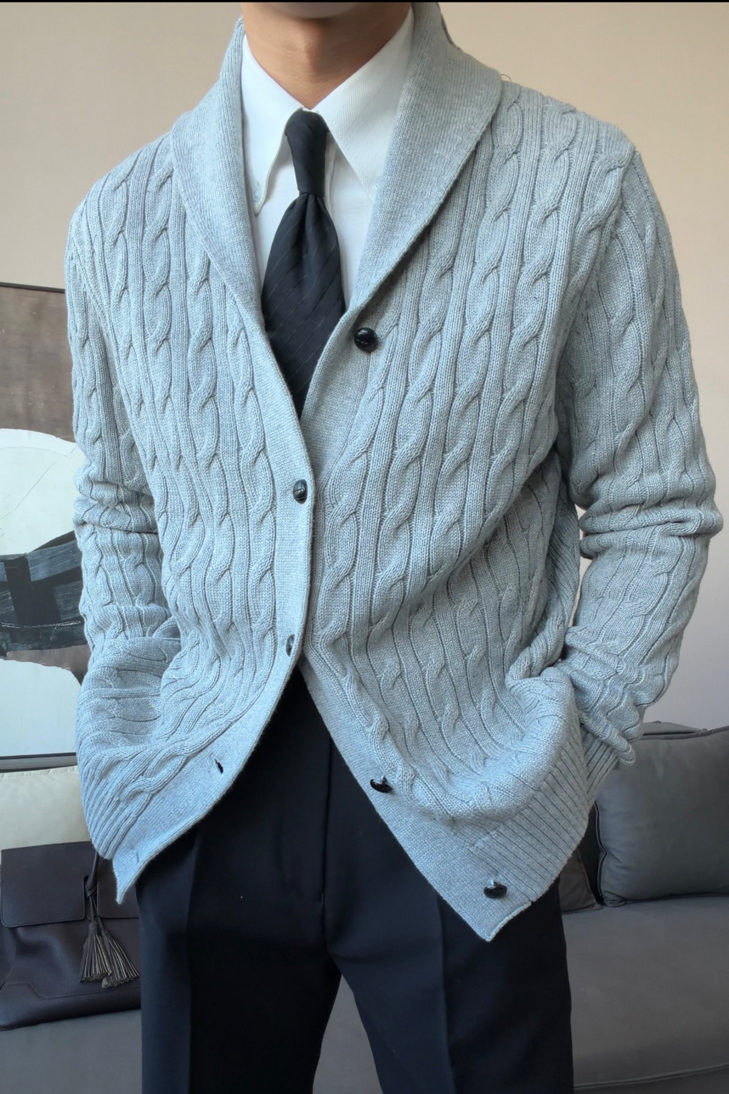 Men’s Cotton Shawl Collar Cable Knit Cardigan - BRABION