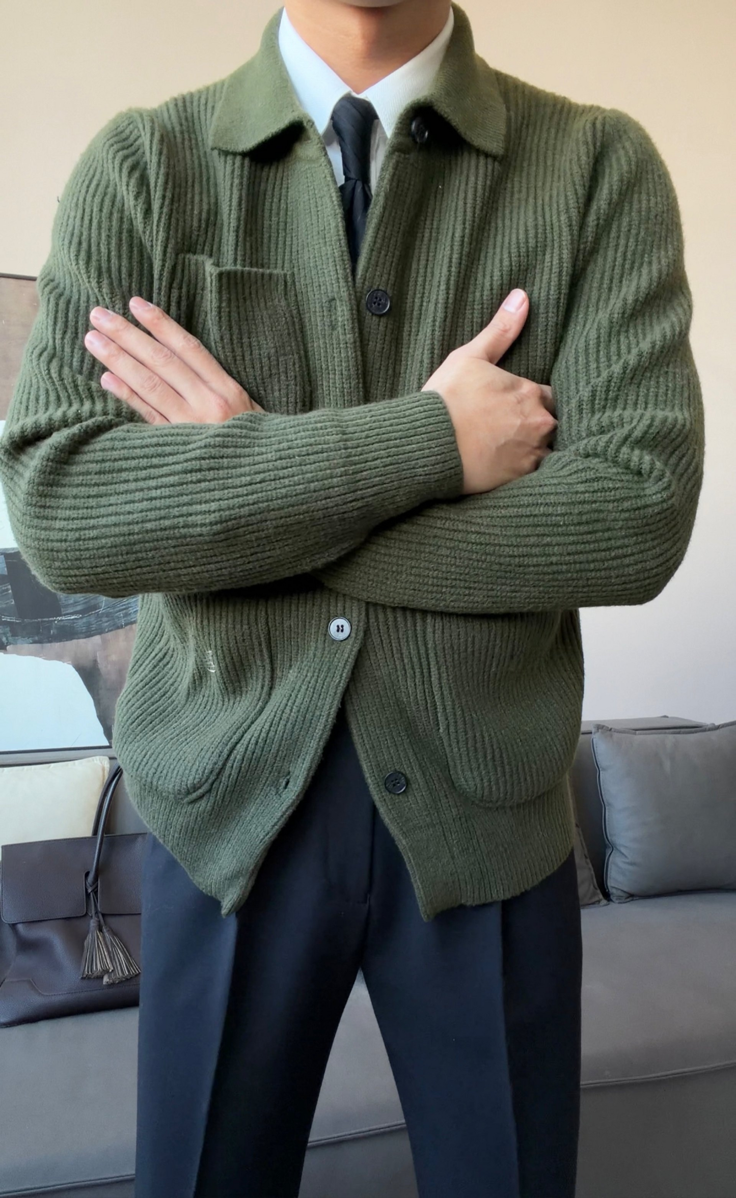 Men’s Thick Collared Knit Cardigan - BRABION