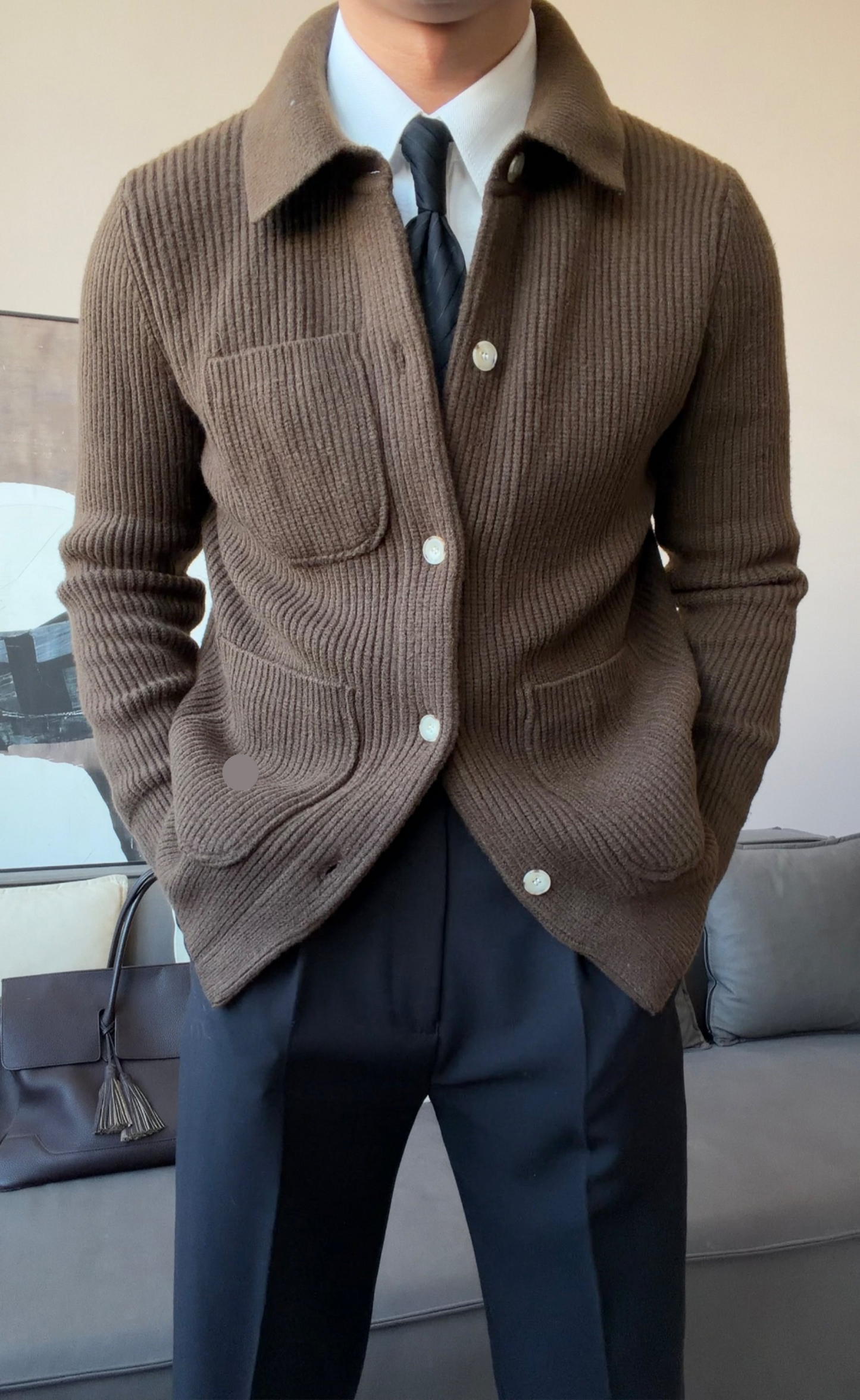 Men’s Thick Collared Knit Cardigan - BRABION