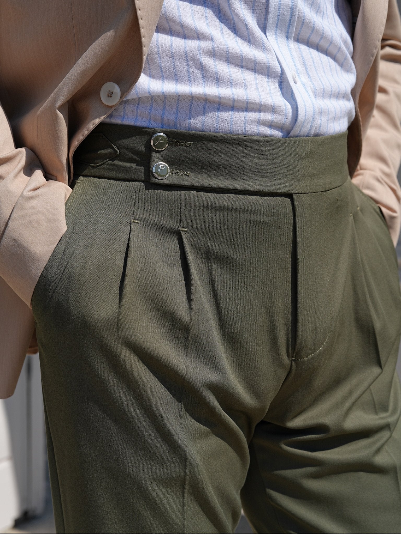 Khaki Green High Waist Pleated Buckle Pants - Regular Fit - BRABION