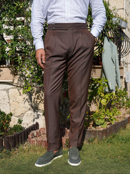 Brown High Waist Pleated Buckle Pants - Regular Fit - BRABION