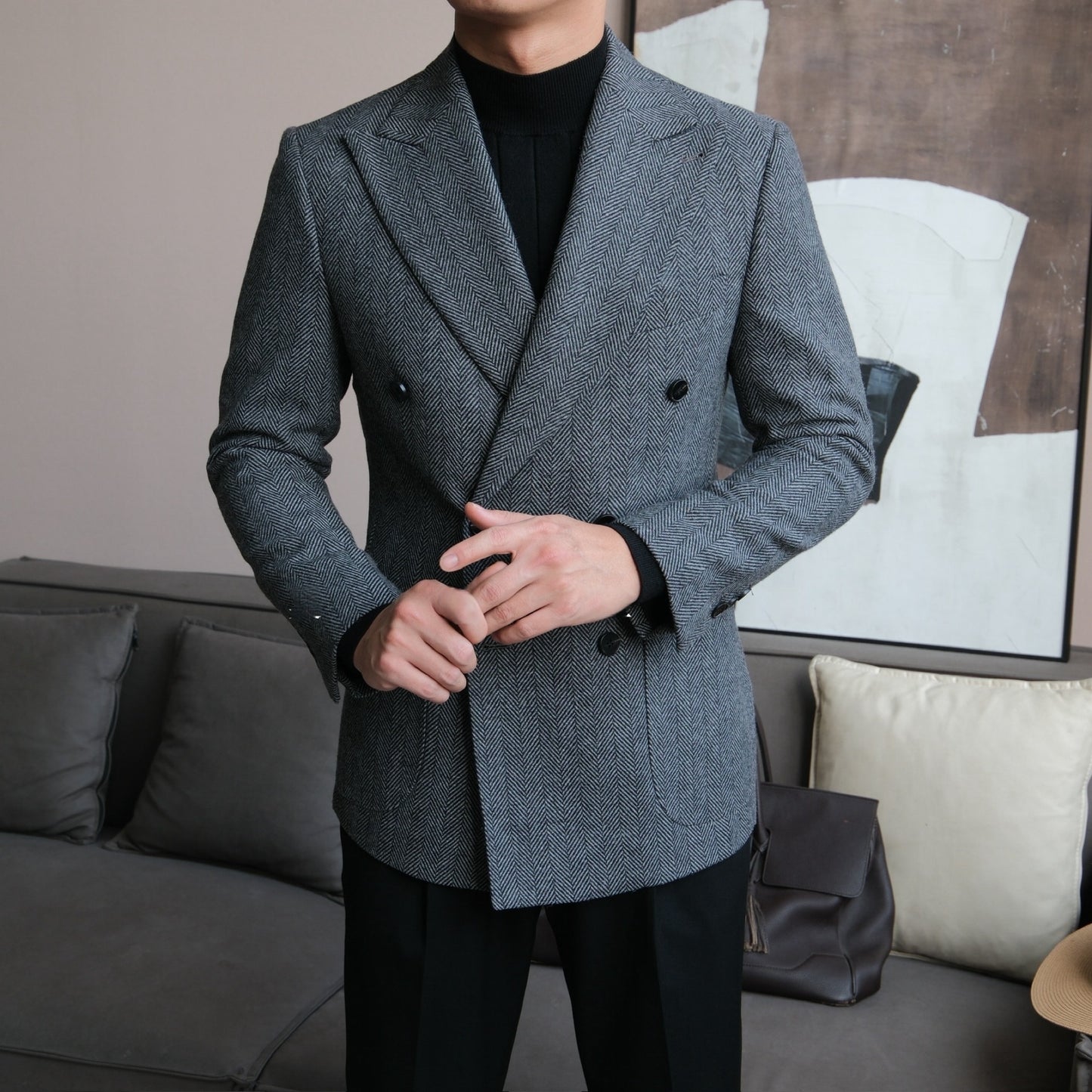 Men’s Retro Herringbone Double-Breasted Blazer - BRABION