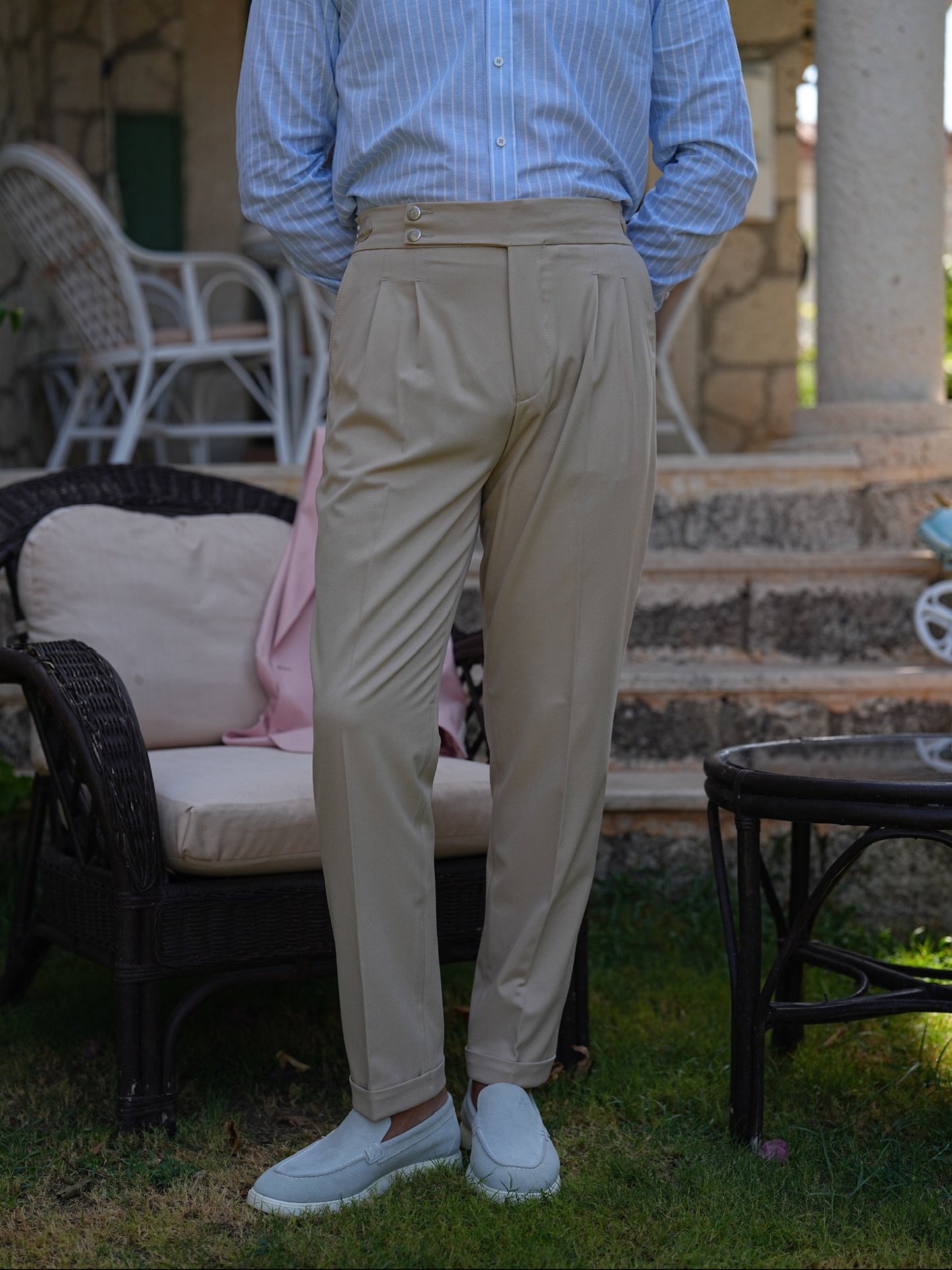 Cream Beige High Waist Pleated Buckle Pants - Regular Fit - BRABION