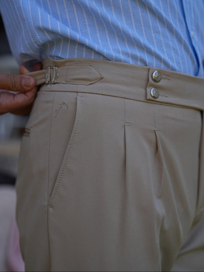 Cream Beige High Waist Pleated Buckle Pants - Regular Fit - BRABION