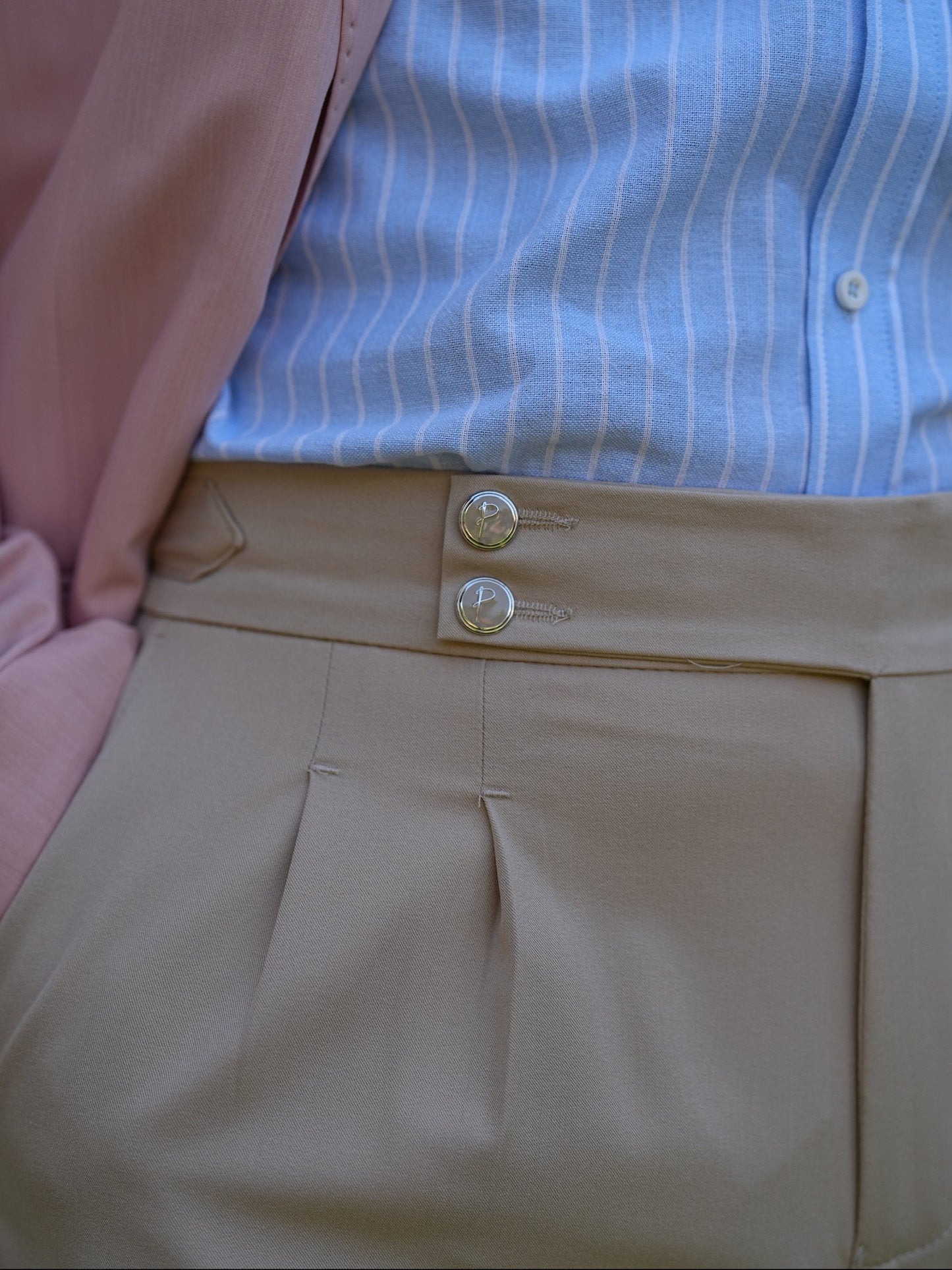 Cream Beige High Waist Pleated Buckle Pants - Regular Fit - BRABION
