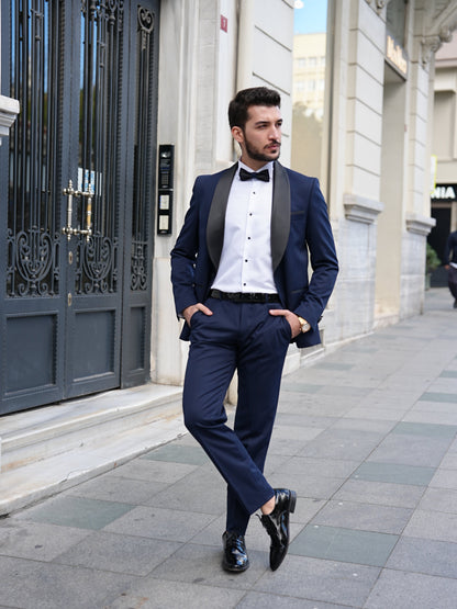 Italian Navy Blue Tuxedo - Luxury Shawl Collar Groom Suit - BRABION