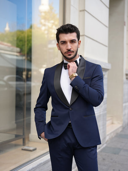Italian Navy Blue Tuxedo - Luxury Shawl Collar Groom Suit - BRABION