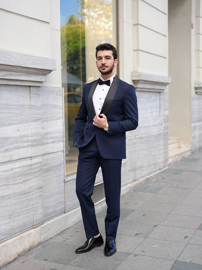 Italian Navy Blue Tuxedo - Luxury Shawl Collar Groom Suit - BRABION