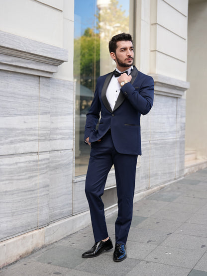 Italian Navy Blue Tuxedo - Luxury Shawl Collar Groom Suit - BRABION