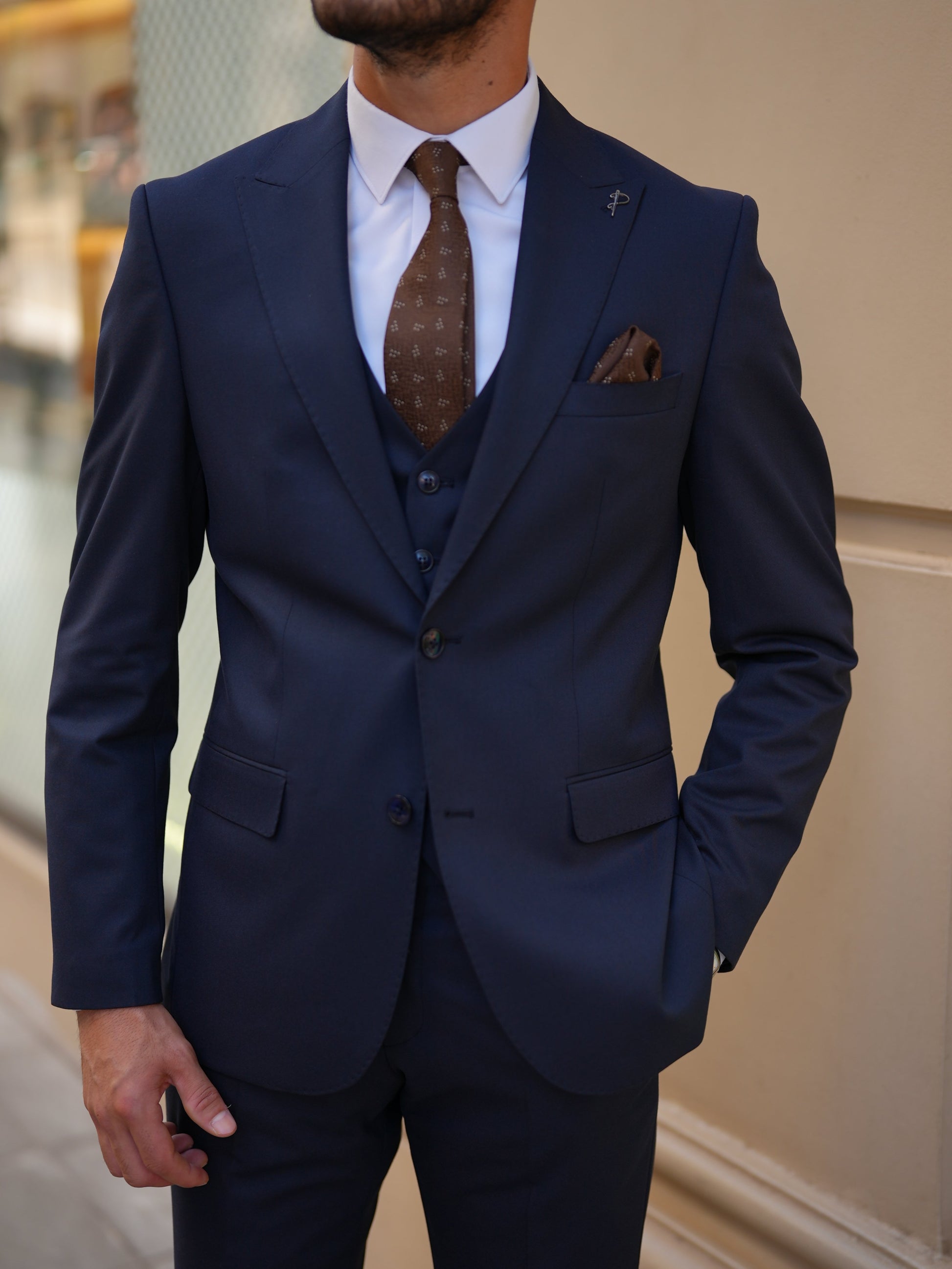 Navy Blue 3-Piece Slim Fit Italian Suit - BRABION