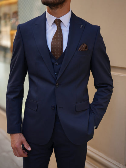 Navy Blue 3-Piece Slim Fit Italian Suit - BRABION