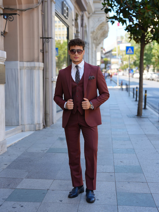 Bordeaux 3-Piece Slim Fit Italian Style Suit - BRABION