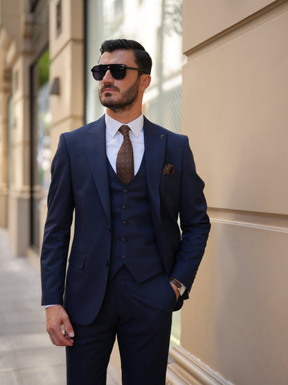 Navy Blue 3-Piece Slim Fit Italian Suit - BRABION