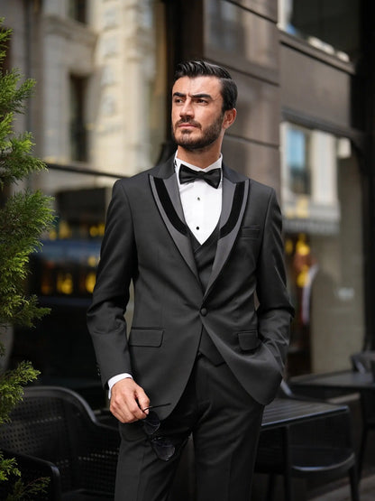 Brabion Elio Black Slim Fit Velvet Peak Lapel Tuxedo - BRABION