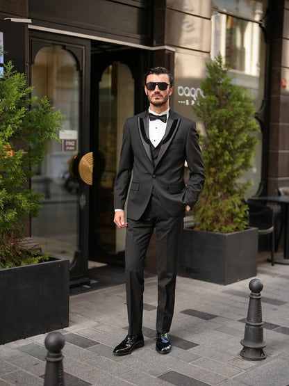 Brabion Elio Black Slim Fit Velvet Peak Lapel Tuxedo - BRABION