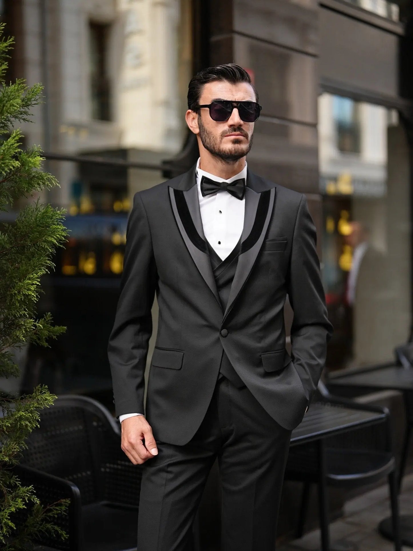 Brabion Elio Black Slim Fit Velvet Peak Lapel Tuxedo - BRABION