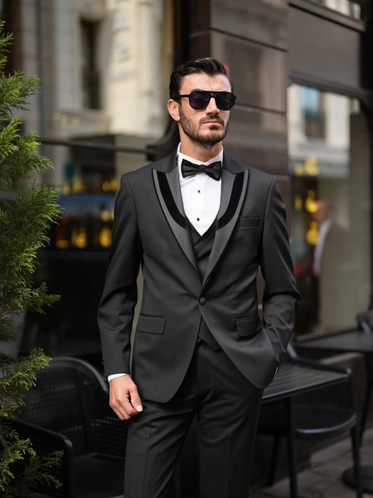 Brabion Elio Black Slim Fit Velvet Peak Lapel Tuxedo - BRABION