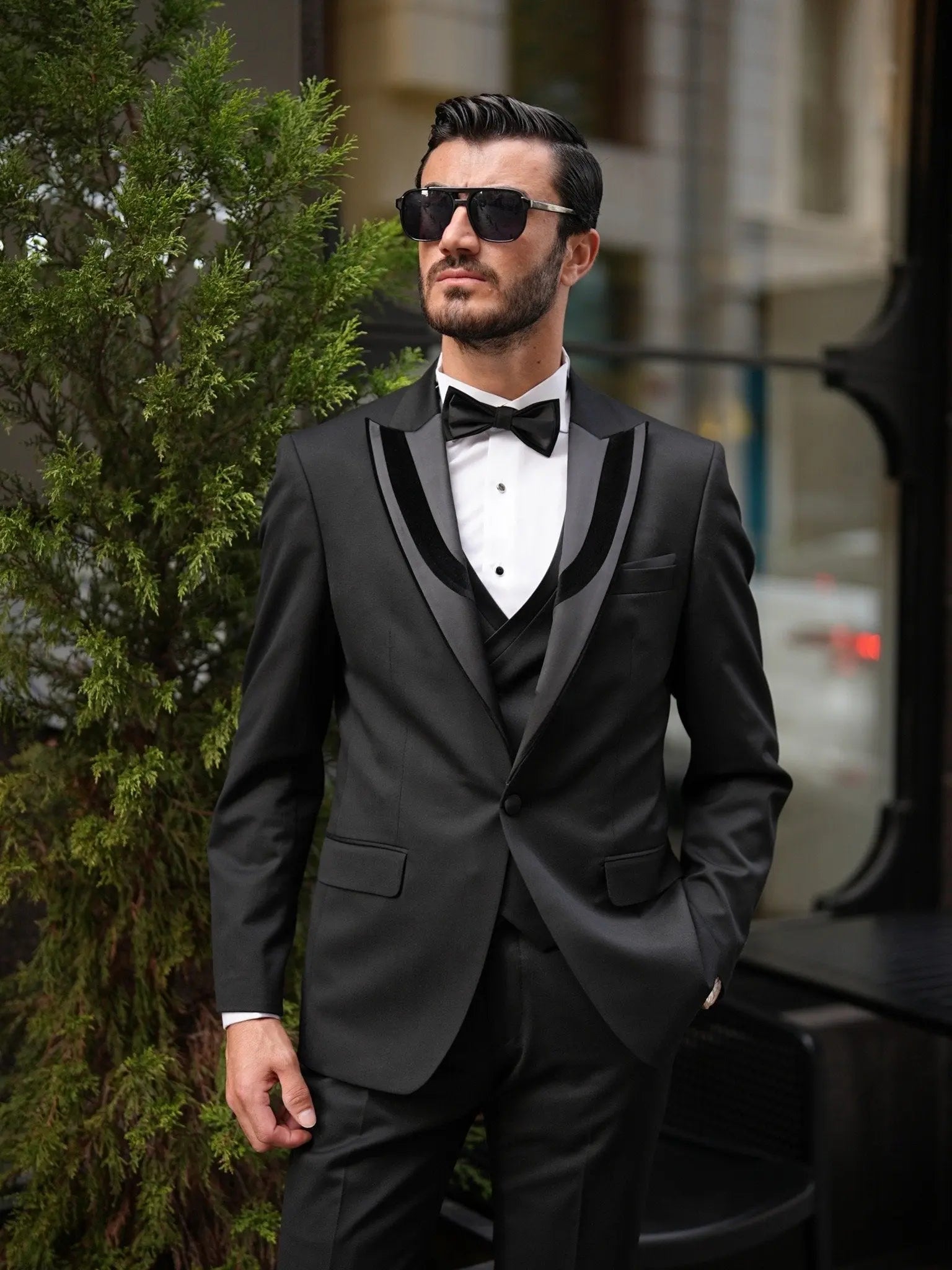 Brabion Elio Black Slim Fit Velvet Peak Lapel Tuxedo - BRABION