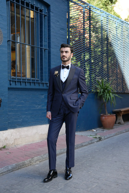 Eden Navy Blue Slim Fit Peak Lapel Tuxedo - BRABION