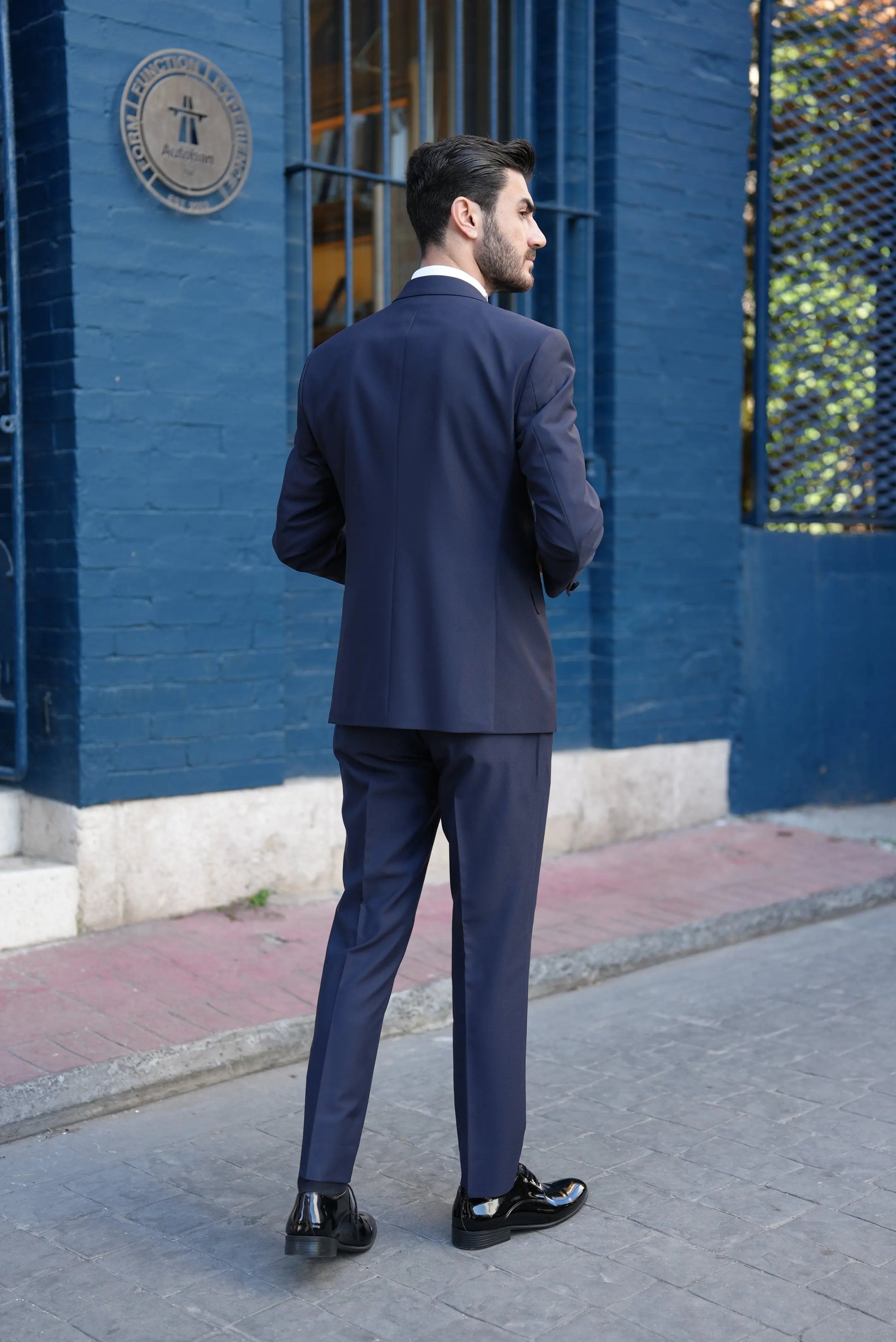 Eden Navy Blue Slim Fit Peak Lapel Tuxedo - BRABION